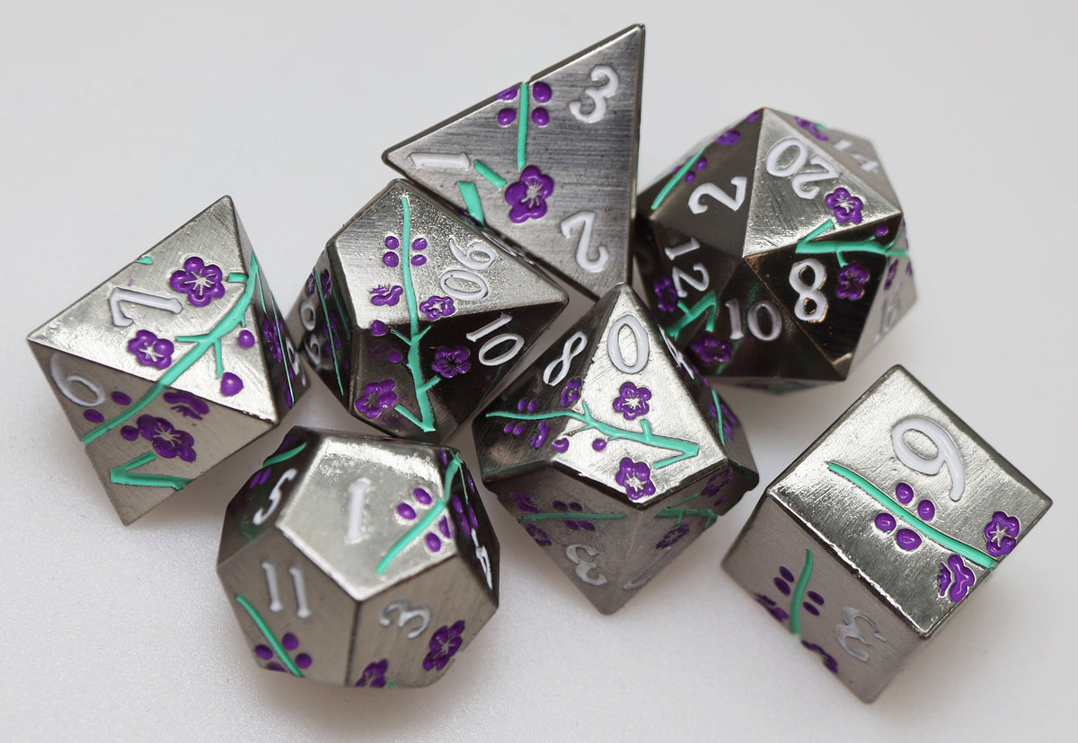 Metallic Bouquet: Silvered Jackmanii - Metal RPG Dice Set Metal Dice Foam Brain Games