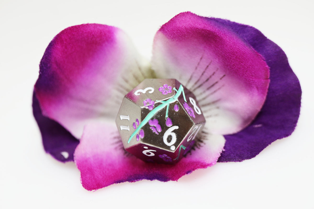 Metallic Bouquet: Silvered Jackmanii - Metal RPG Dice Set Metal Dice Foam Brain Games