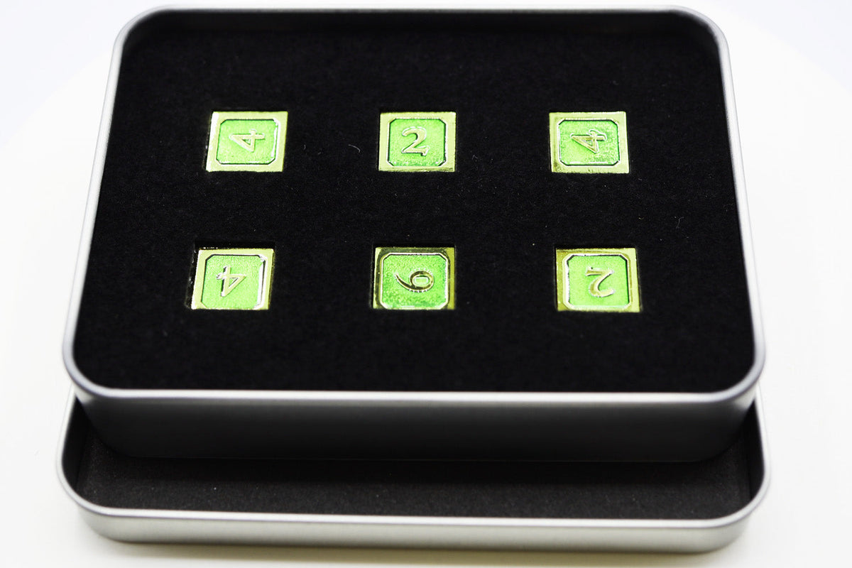 6 piece Metal D6s - Green and Gold Metal Dice Foam Brain Games