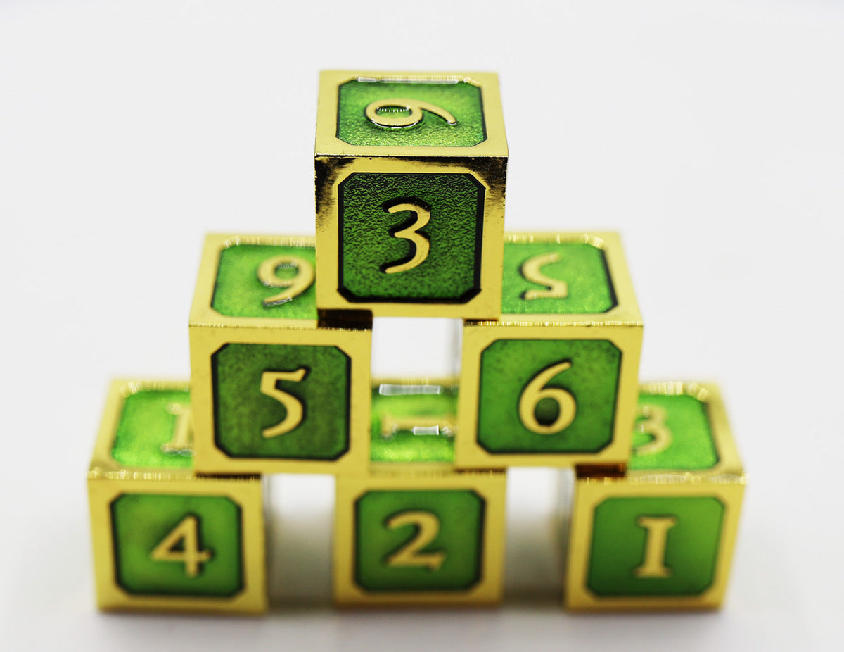 6 piece Metal D6s - Green and Gold Metal Dice Foam Brain Games