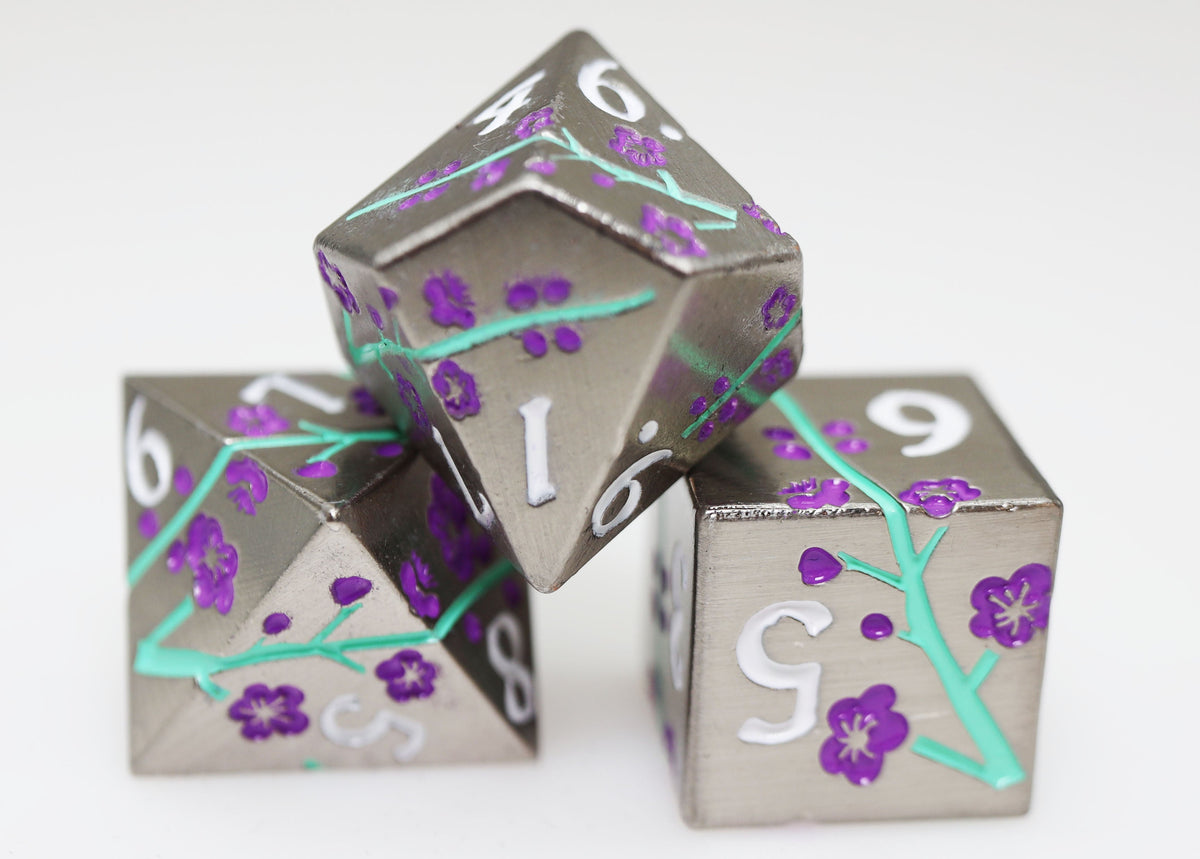 Metallic Bouquet: Silvered Jackmanii - Metal RPG Dice Set Metal Dice Foam Brain Games