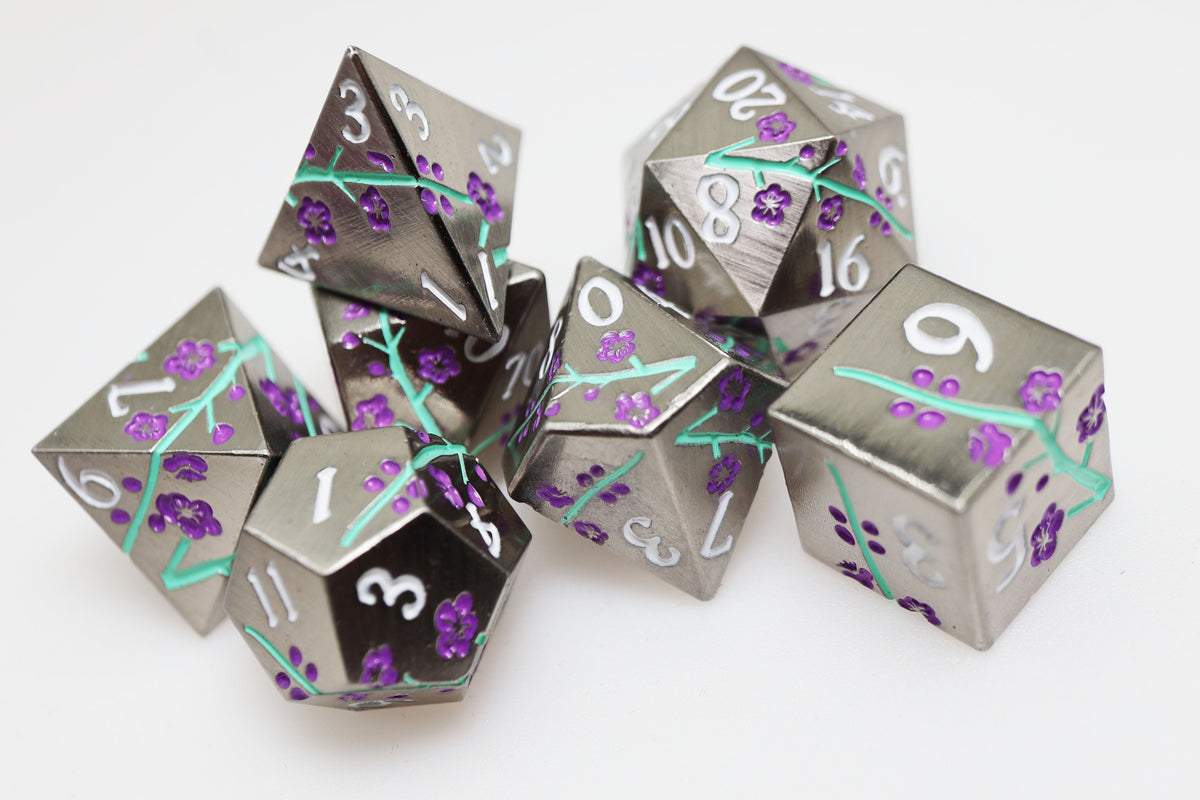 Metallic Bouquet: Silvered Jackmanii - Metal RPG Dice Set Metal Dice Foam Brain Games