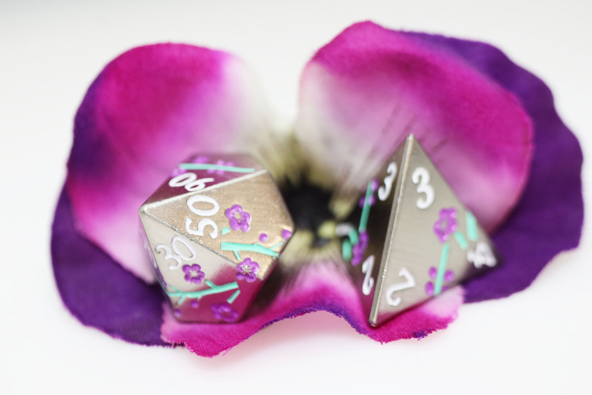 Metallic Bouquet: Silvered Jackmanii - Metal RPG Dice Set Metal Dice Foam Brain Games
