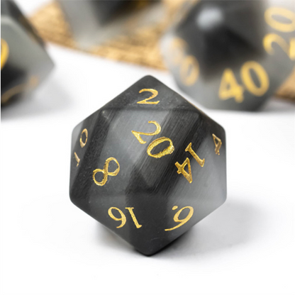 Frosted Cat's Eye Black and White - Gemstone Engraved with Gold Stone Dice Foam Brain Games
