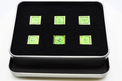 6 piece Metal D6s - Green and Gold Metal Dice Foam Brain Games